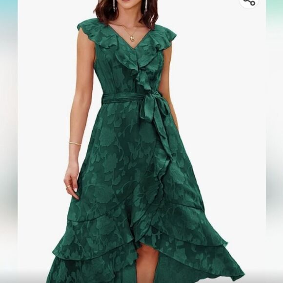 Grace Karin Green Wrap Midi Dress Ruffled High Low Hem - Picture 2 of 6